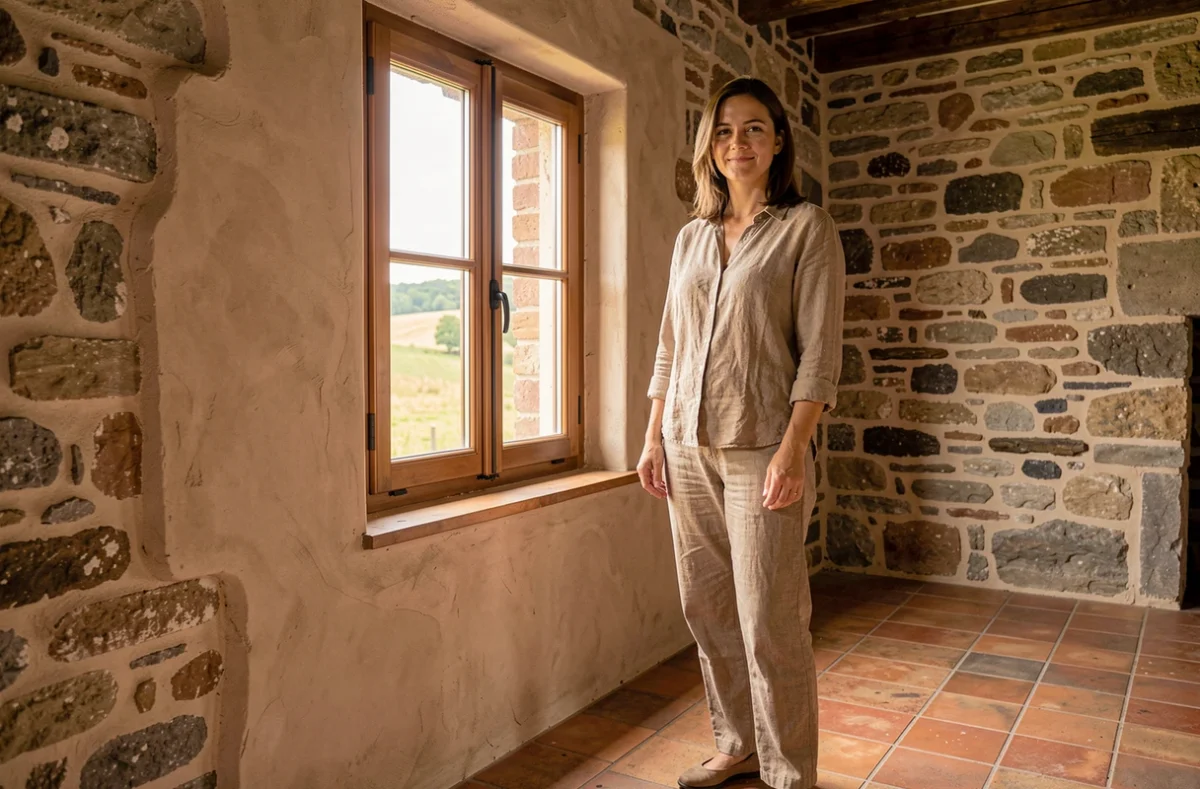 Spécialiste de Terra Rosa présentant une fenêtre à encadrement en terre cuite dans une ferme rénovée aux murs en pierre de Haute-Garonne