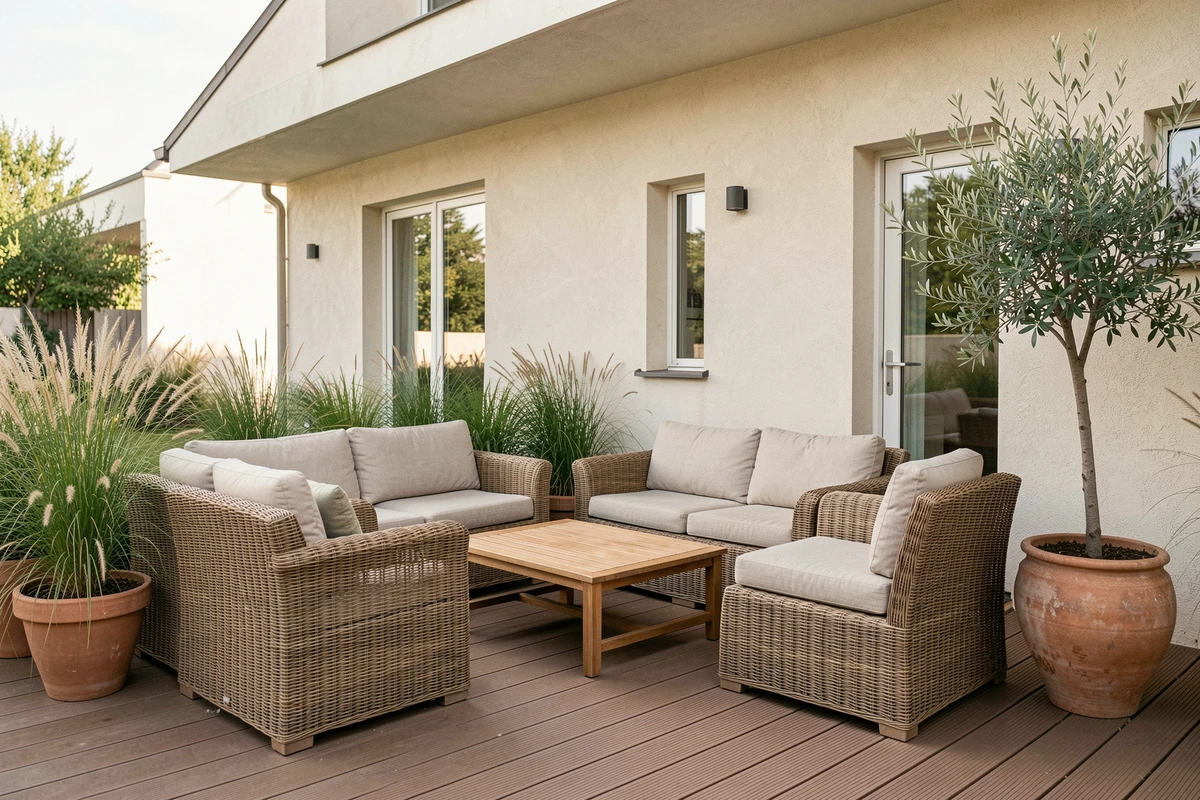 Terrasse extérieure avec salon de jardin en rotin, plantes en pot et sol en bois composite