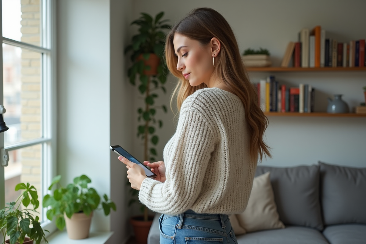 Jeune femme teste une application de sécurité domestique avec son smartphone