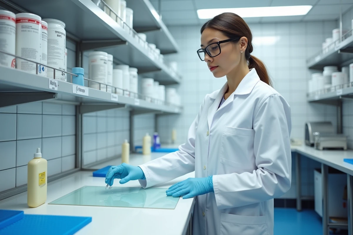 Femme en laboratoire testant la résistance d'une colle structurelle sur des pièces en plastique transparent