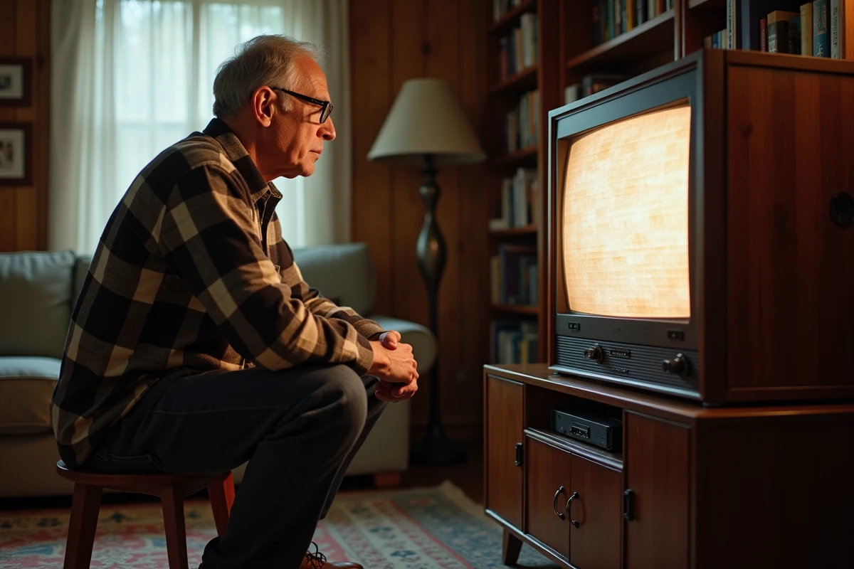 Homme âgé observant attentivement un téléviseur vintage allumé affichant des parasites, test de fonctionnement avant achat