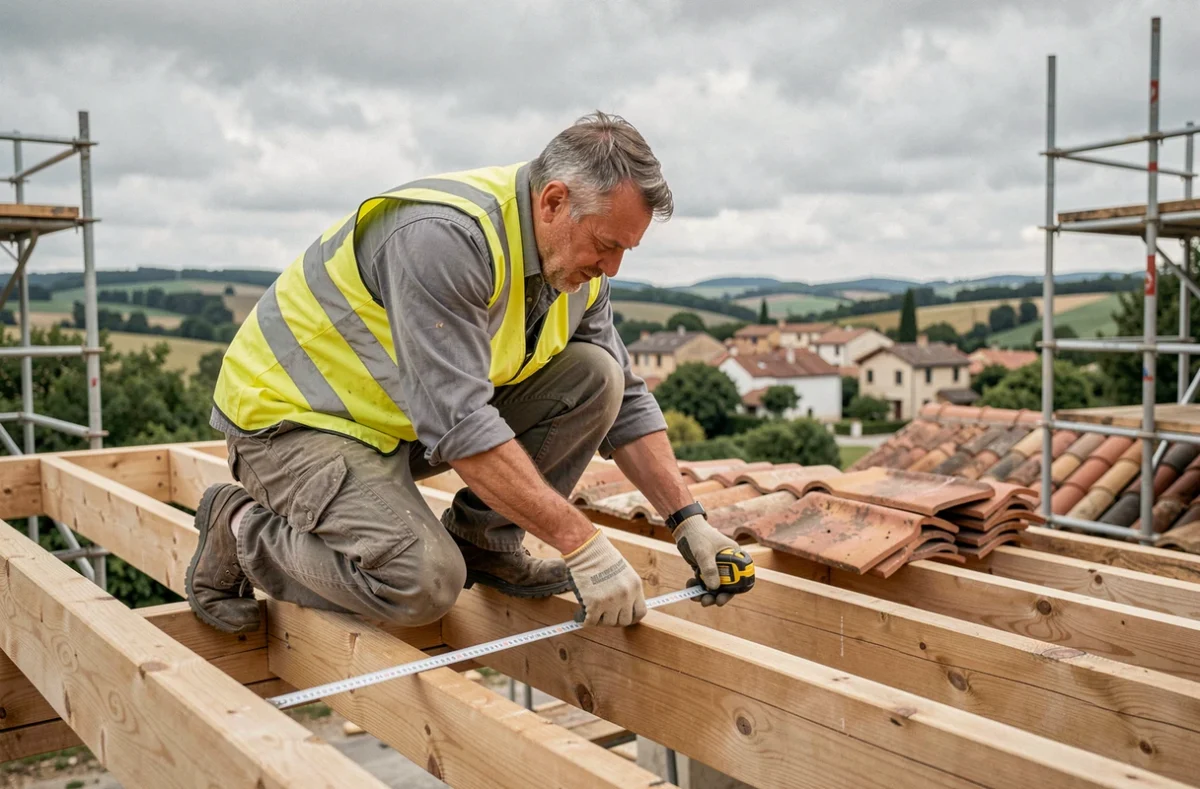 Charpentier de Teyco Bois inspectant une charpente en bois sur un toit en construction près de Labastide-Clermont
