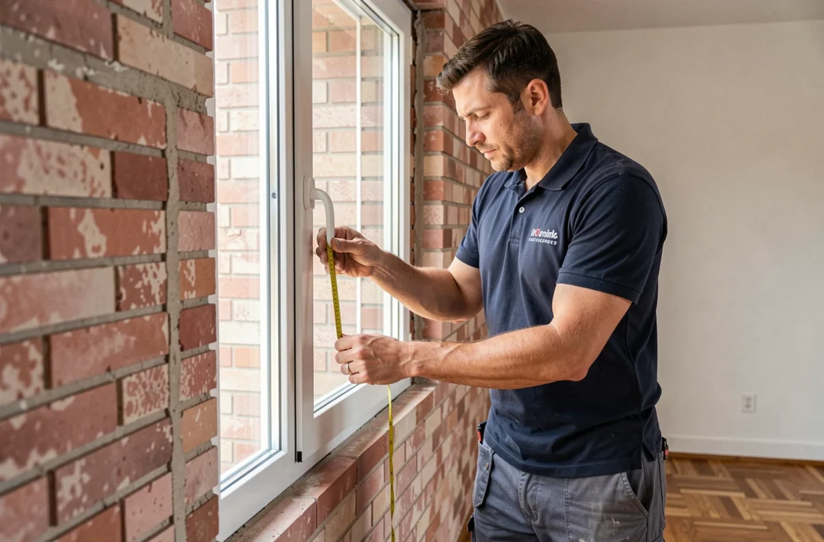 Installateur de fenêtres PVC de l'entreprise Toulouse Fenêtre posant un cadre moderne dans un appartement rénové aux murs en brique rose