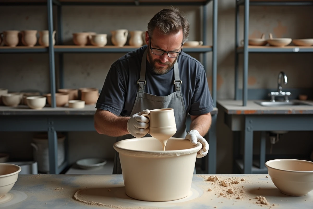 Céramiste trempant une tasse non cuite dans un seau d'émail liquide lors de la préparation avant cuisson en atelier
