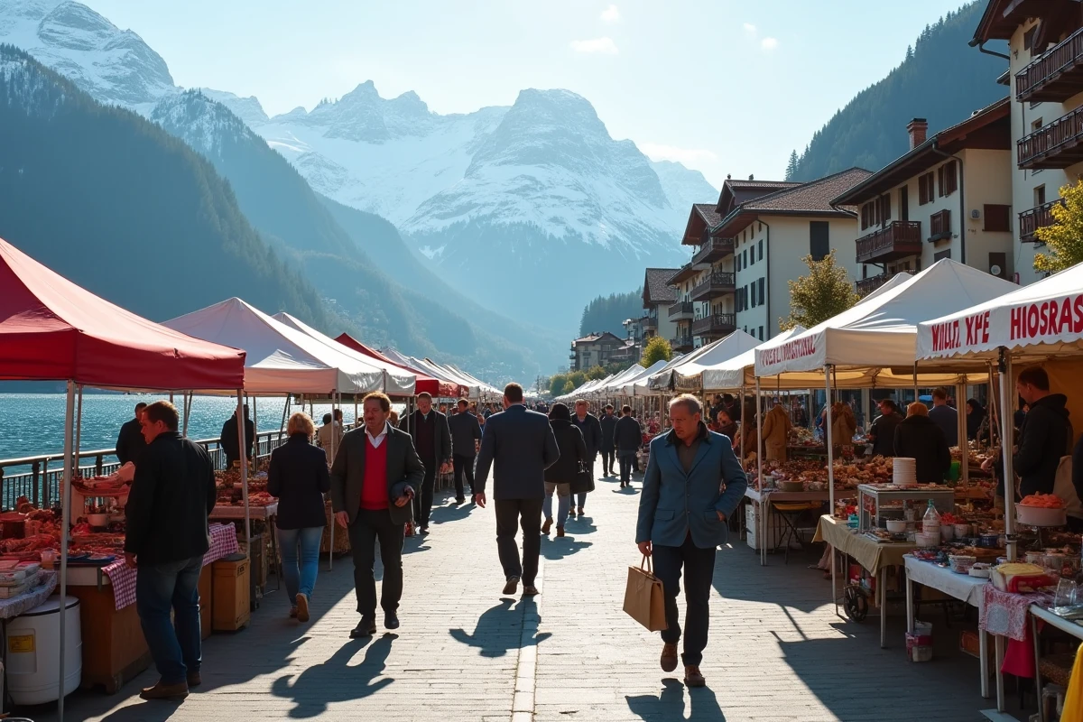 Vue large d'un marché vide grenier de dernière minute le long d'un lac alpin à Annecy avec des dizaines de stands et de visiteurs