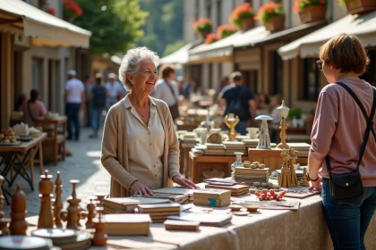 Stand de vide grenier animé sur une place publique d'une ville alpine avec des objets vintage disposés sur des tables pliantes