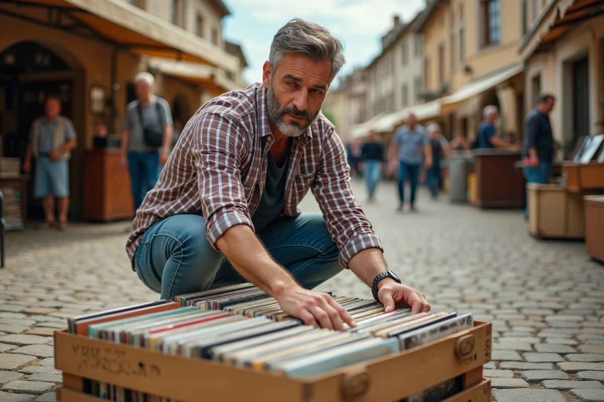 Homme chinant des vinyles dans un vide grenier en plein air près de Montauban en Tarn-et-Garonne