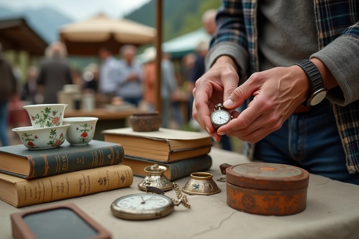 Gros plan sur des objets de brocante anciens posés sur une table de vide grenier incluant une montre de poche et des livres jaunis