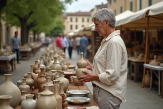 Femme examinant un vase ancien lors d'un vide grenier en Tarn-et-Garonne, autour de Montauban