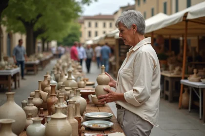 Femme examinant un vase ancien lors d'un vide grenier en Tarn-et-Garonne, autour de Montauban