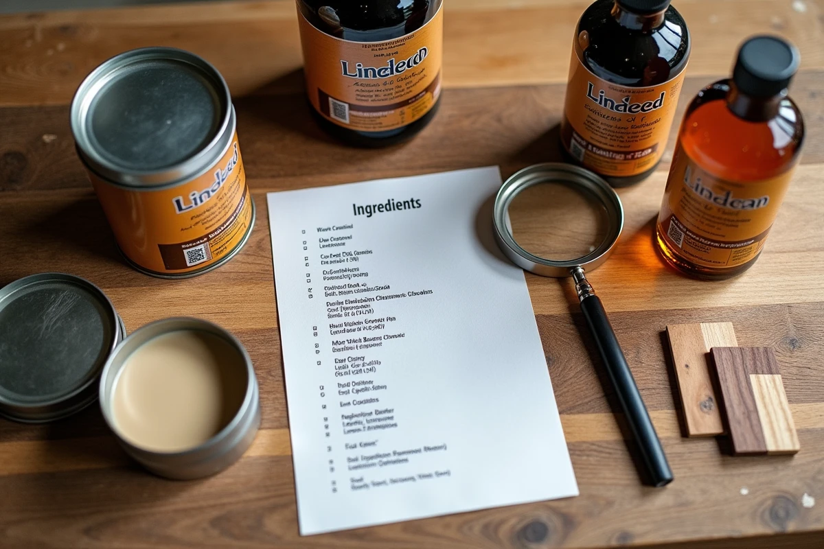 Vue de dessus de plusieurs bouteilles d'huile de lin avec étiquettes, liste d'ingrédients et loupe pour identifier les solvants dangereux