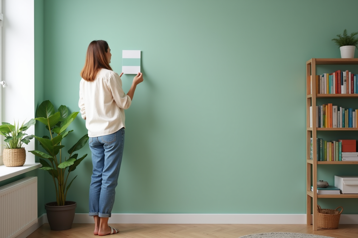Femme tenant un nuancier devant un mur vert menthe