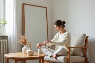 Jeune femme dans un salon minimaliste avec vases en céramique