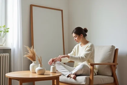 Jeune femme dans un salon minimaliste avec vases en c&eacute;ramique